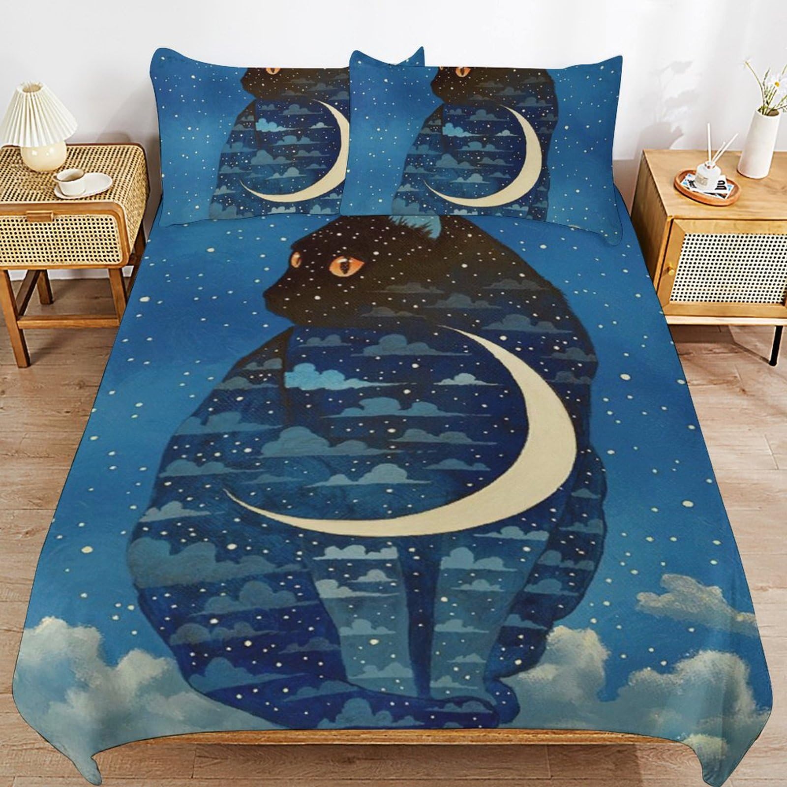 Amazon｜ネコ柄 猫 夜空の星月 ベッド3点セット 布団カバー シングル 3